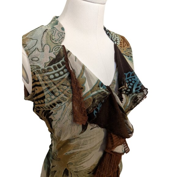 Vintage Y2K Forest Fairy Tank Top V Neck Ruffle Sheer Lace Mesh Green Brown Sz M - Picture 7 of 8